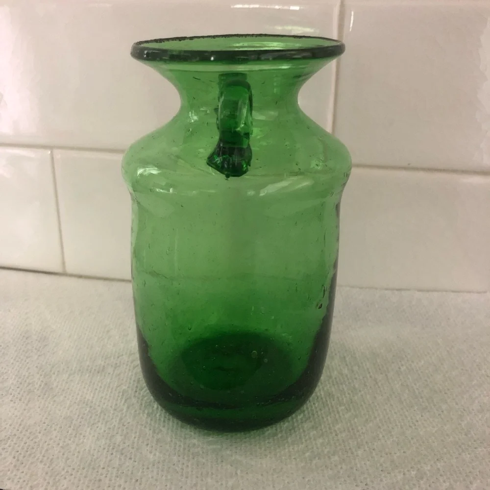 Hand Blown Green Two Handle Glass Vase - Made in Egypt